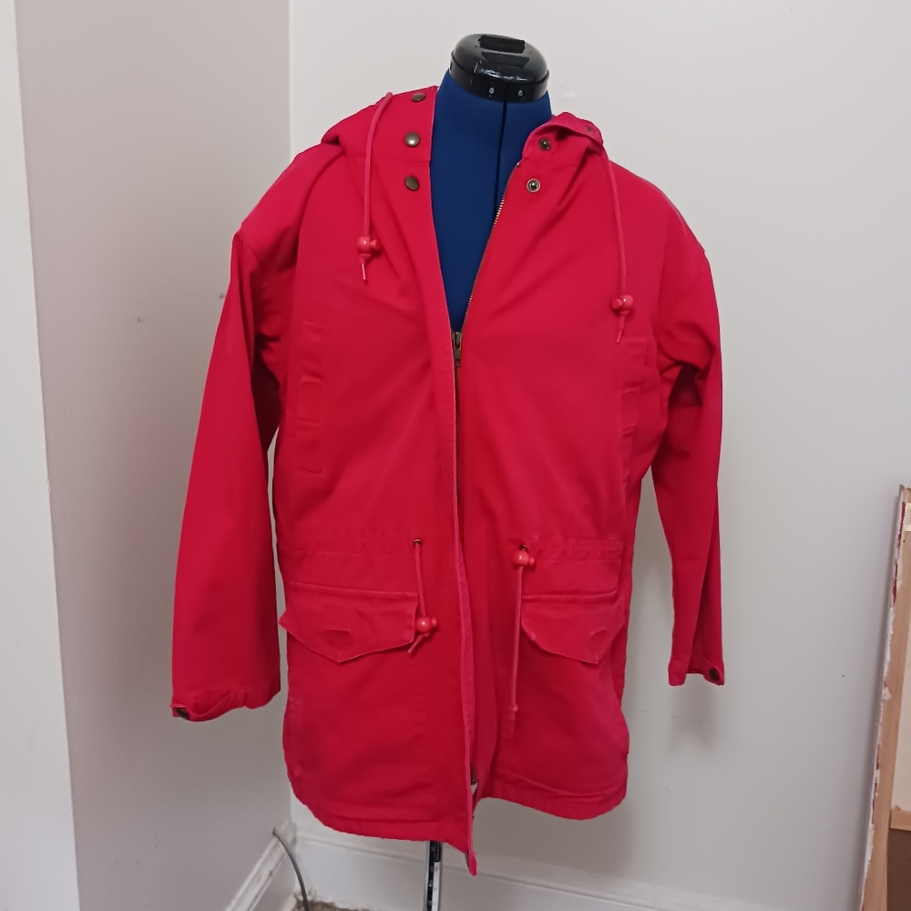 Womans Eddie BauerJacket Coat Barn Cotton Chore Utility Med Red Hood Dra…